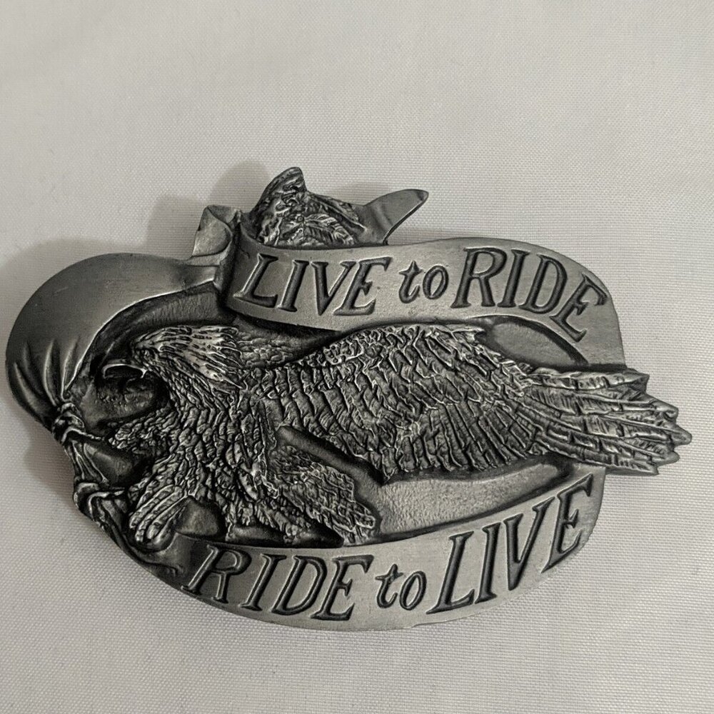 Vintage Biker Belt Buckle Live To Ride Screaming Eagle Banner 1981 Bergamot USA